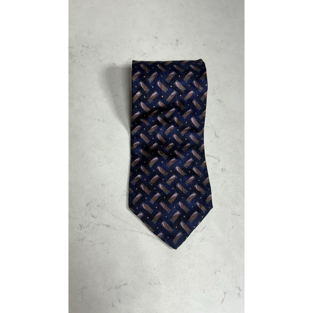 Ermenegildo Zegna Men's Tie 100% Silk Blue Pink Brown Geometric Pattern Italy